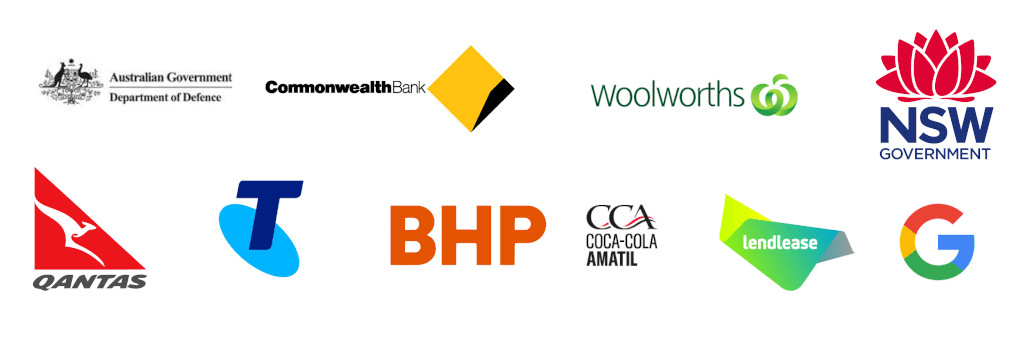 NSW government, Commonwealth bank, Australian Government Department of Defense, Woolworths, Quantas, Telstra, BHP, Coca Cola Amatil, Leandlease, Google